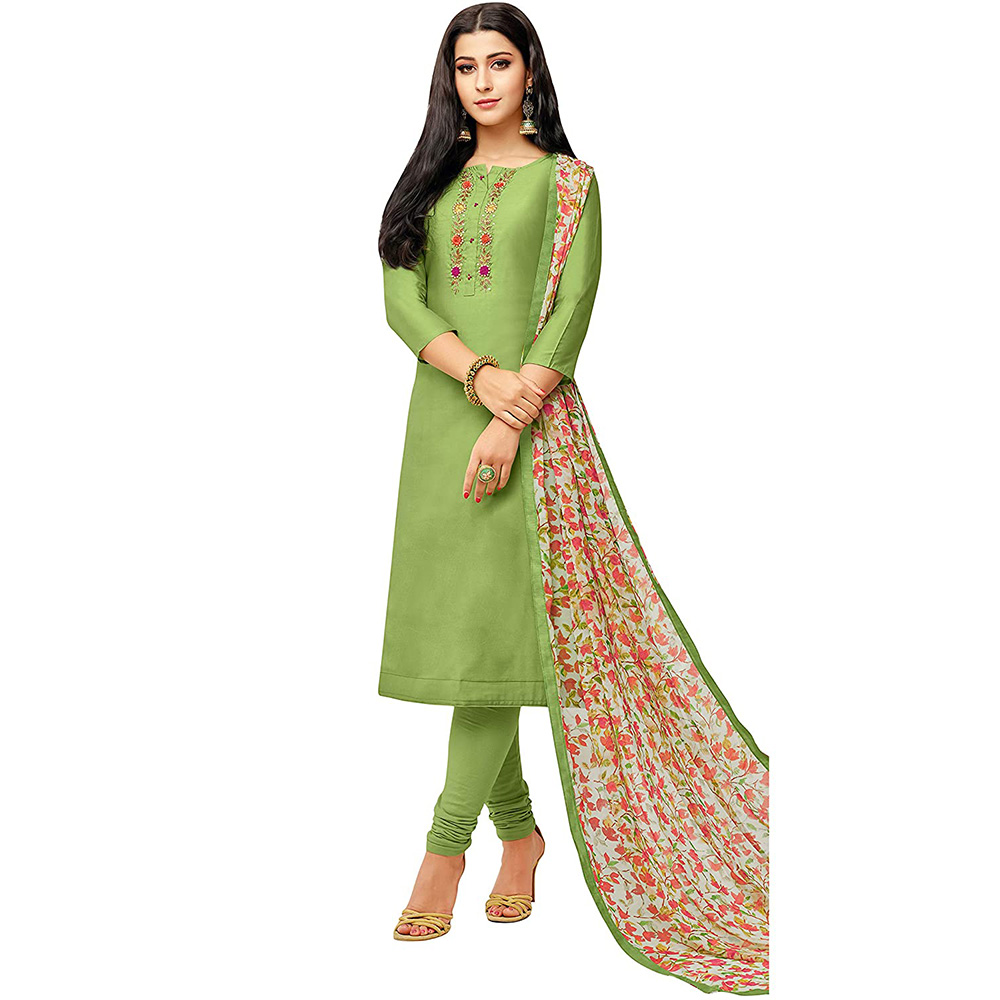 Light Green Chanderi Silk, Embroidered Semi Stitched Salwar Suit Material with Printed Dupatta