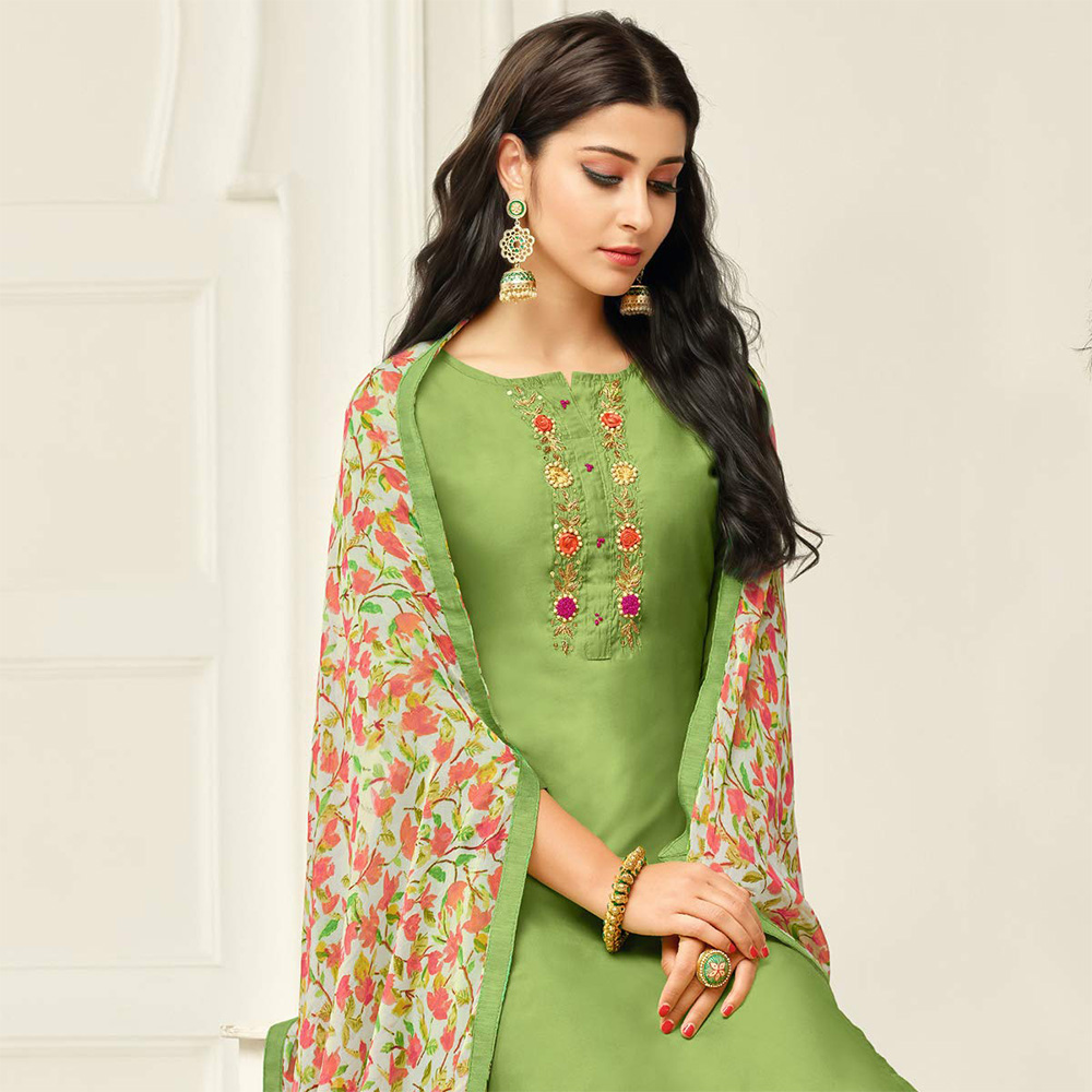 Light Green Chanderi Silk, Embroidered Semi Stitched Salwar Suit Material with Printed Dupatta