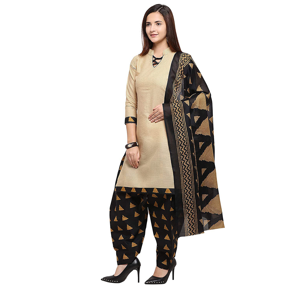 Womens Beige Cotton Printed Unstitched Salwar Suit Material