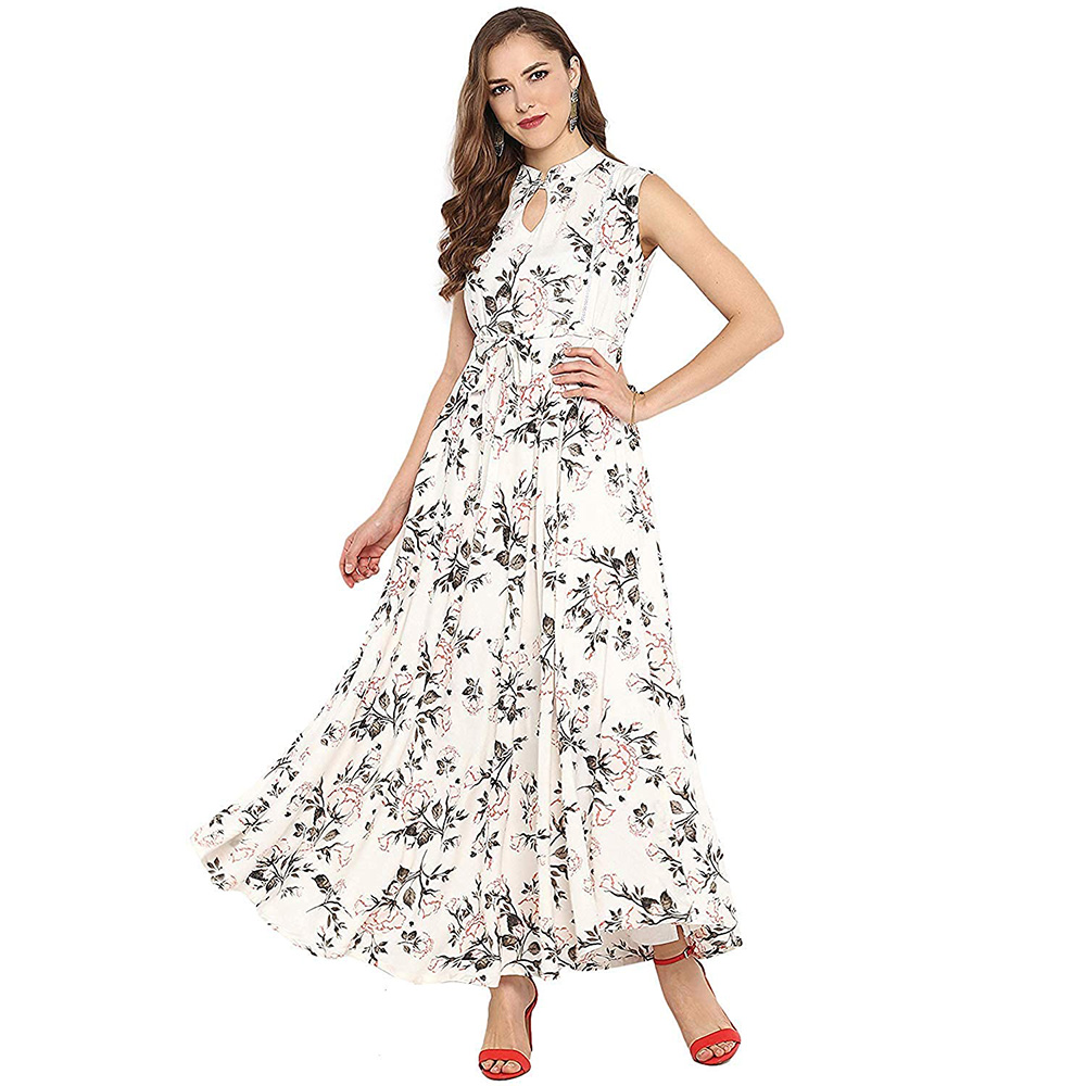 Womens Rayon Floral Print Flared Gown