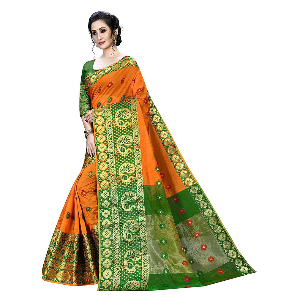 Women Banarasi Cotton Saree with Unstitched Silk Saree Blouse Piece