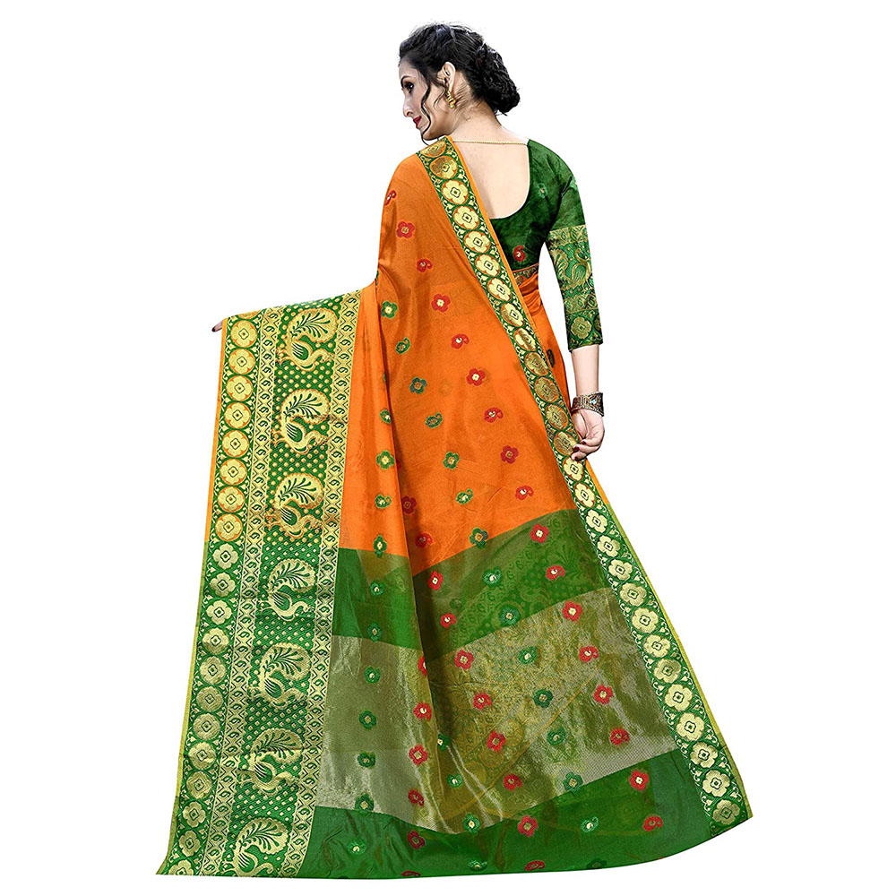 Women Banarasi Cotton Saree with Unstitched Silk Saree Blouse Piece