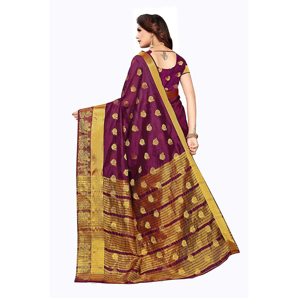 Womens Black Color Chanderi Silk Jacquard Butta Saree with Blouse Piece